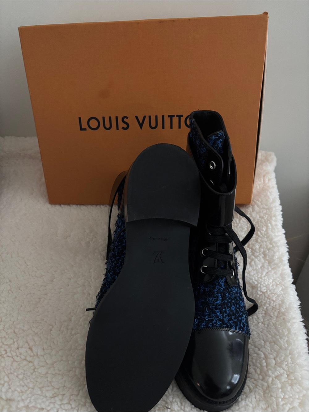 Louis Vuitton Navy Blue & Black Lace-Up Bouclé Combat Boots - Picture 3 of 4